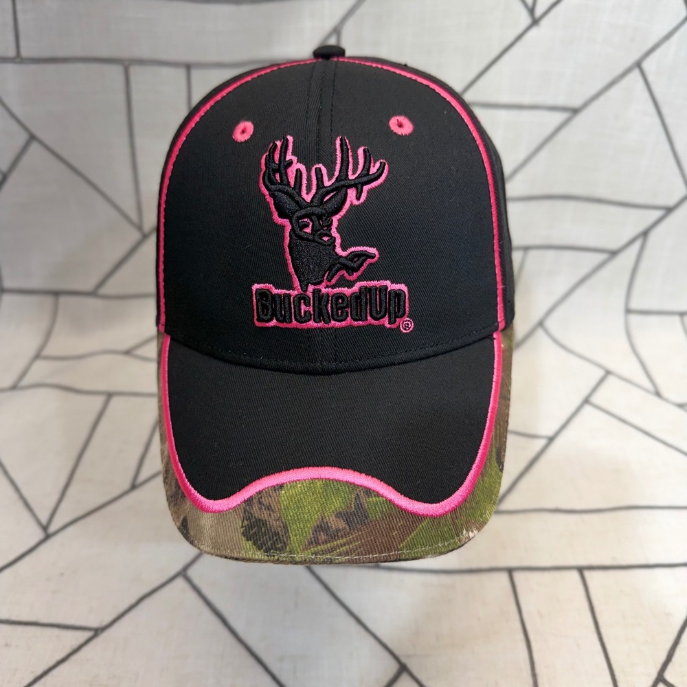 BuckedUp Baseball Cap OSFM Black Pink Camo Deer Logo Adjustable Hat‎